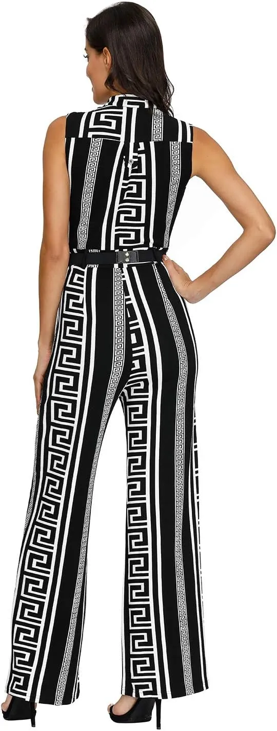 Pink Queen Women Jumpsuits V Neck Button Down Sleeveless Wide Leg Long Pants Romper