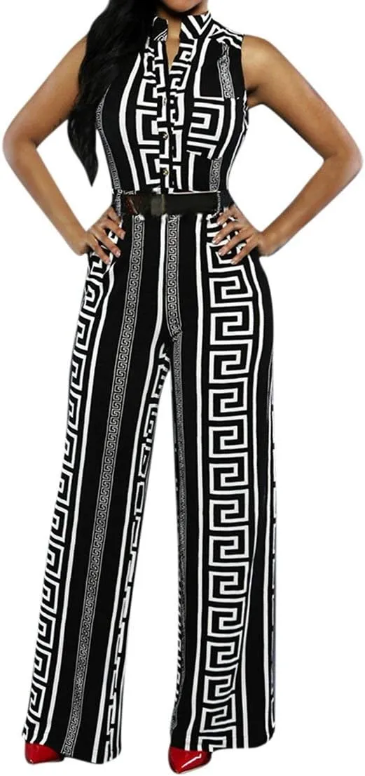 Pink Queen Women Jumpsuits V Neck Button Down Sleeveless Wide Leg Long Pants Romper