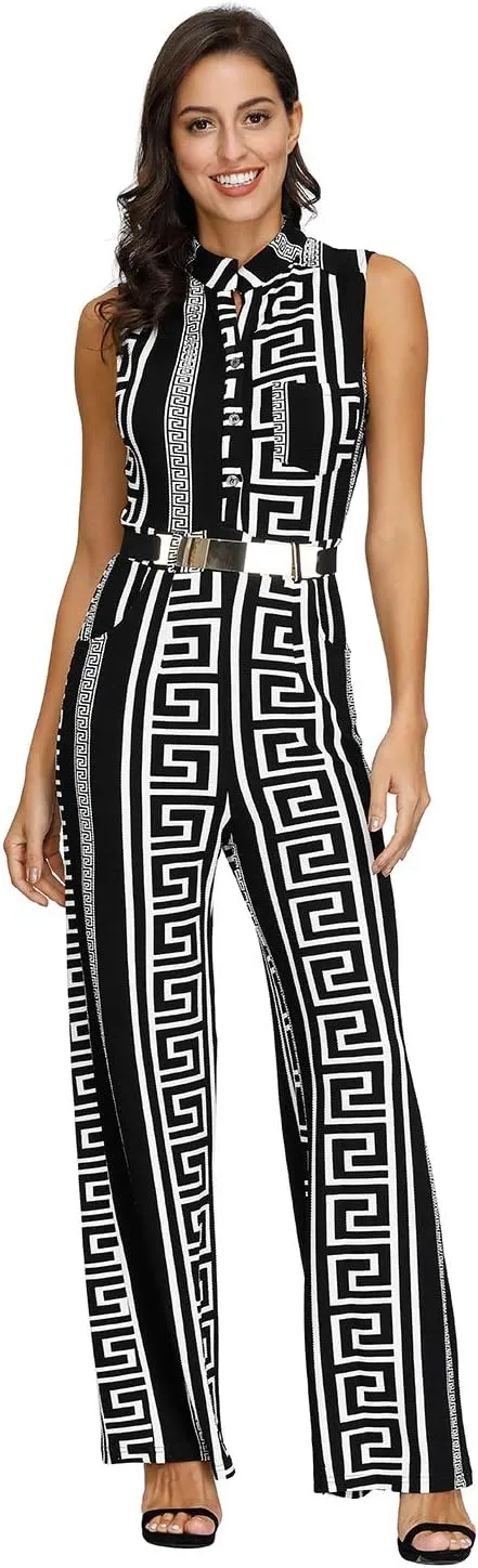 Pink Queen Women Jumpsuits V Neck Button Down Sleeveless Wide Leg Long Pants Romper