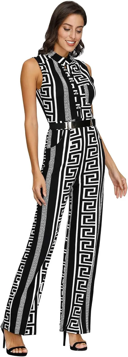 Pink Queen Women Jumpsuits V Neck Button Down Sleeveless Wide Leg Long Pants Romper