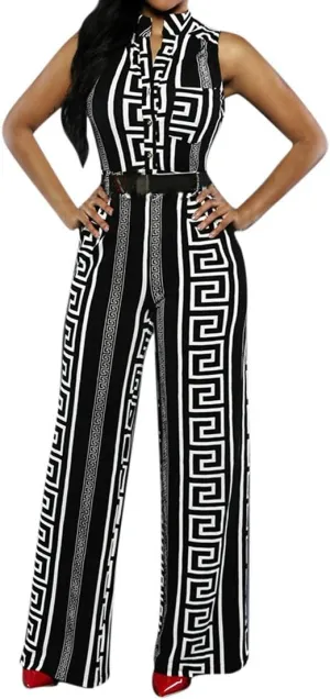 Pink Queen Women Jumpsuits V Neck Button Down Sleeveless Wide Leg Long Pants Romper