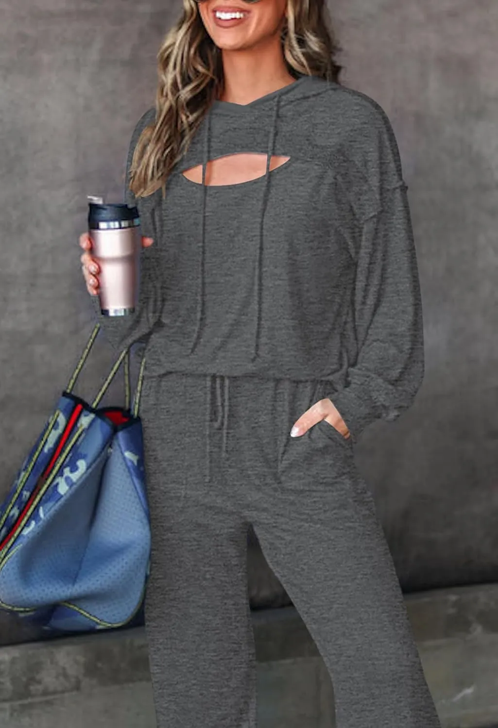 Pink Queen Womens 2 Piece Sweatsuit Outfits Long Sleeve Cutout Hoodies and Drawstring Pants Tracksuit Lounge Set with Pockets