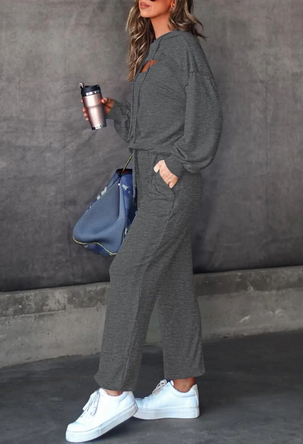 Pink Queen Womens 2 Piece Sweatsuit Outfits Long Sleeve Cutout Hoodies and Drawstring Pants Tracksuit Lounge Set with Pockets