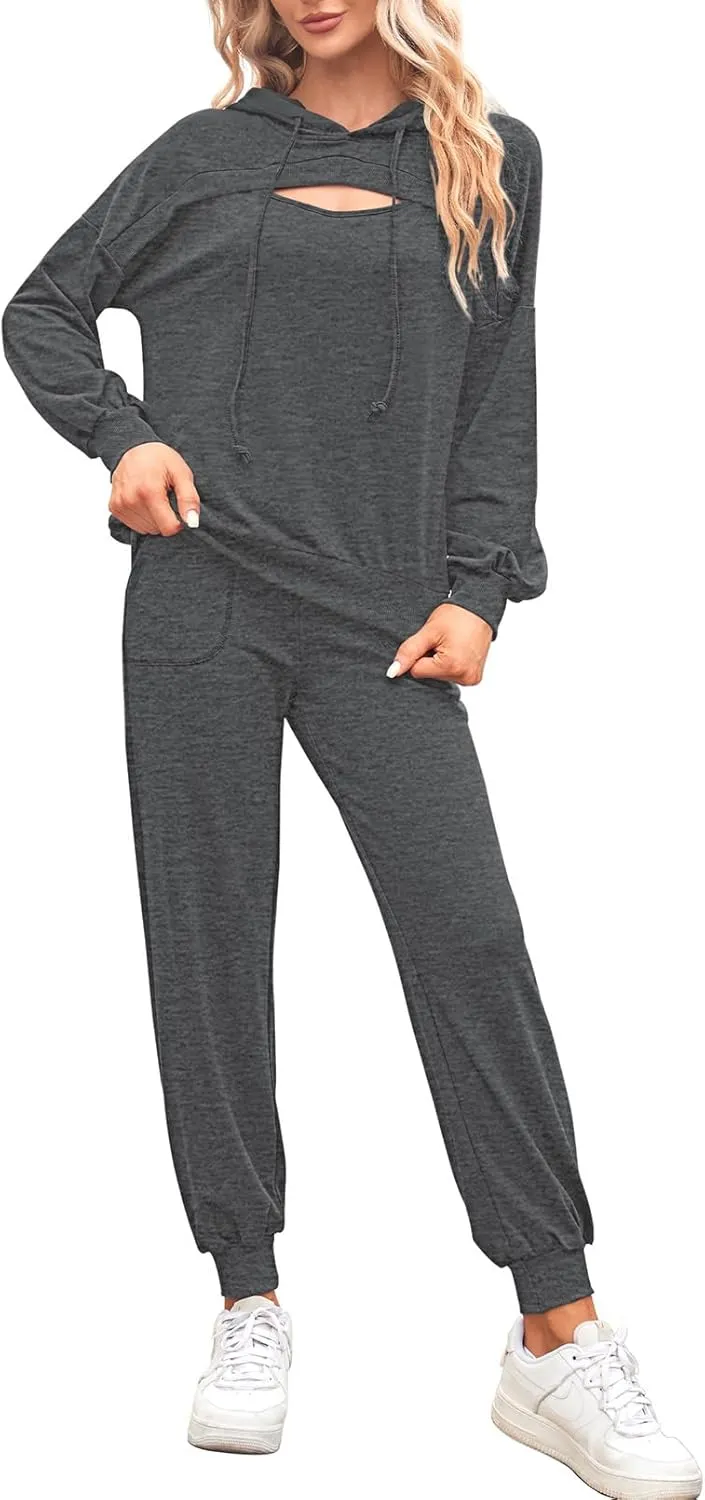 Pink Queen Womens 2 Piece Sweatsuit Outfits Long Sleeve Cutout Hoodies and Drawstring Pants Tracksuit Lounge Set with Pockets