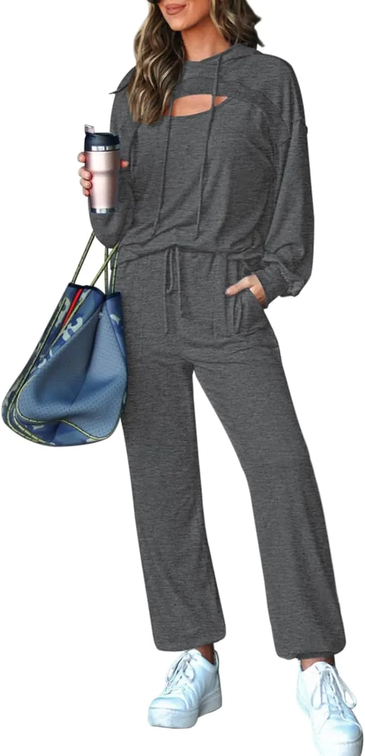 Pink Queen Womens 2 Piece Sweatsuit Outfits Long Sleeve Cutout Hoodies and Drawstring Pants Tracksuit Lounge Set with Pockets