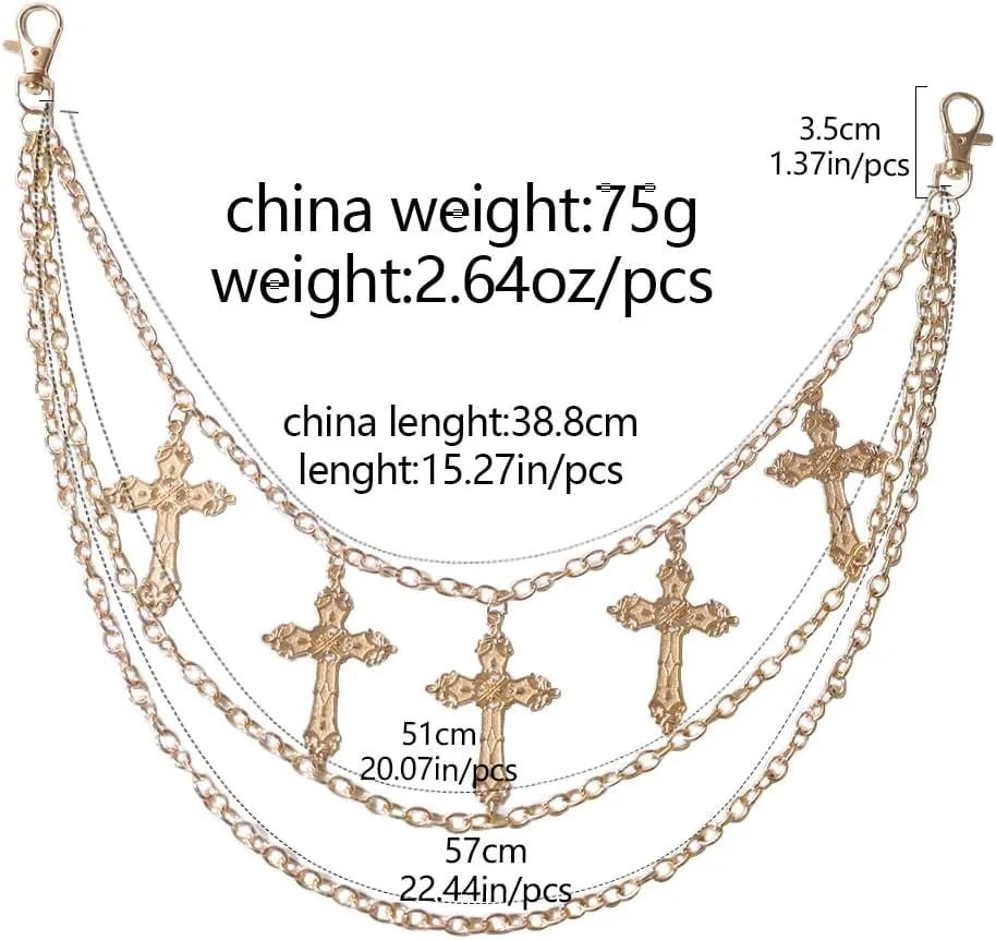 PINKPIN 3 Layered Cross Pants Chain Goth Wallet Chains Punk Tassel Jeans Chain for Men Women Clothing Accessories