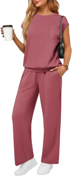 PINSPARK 2 Piece Sets for Women Summer Lounge Set Cap Sleeves Sweatsuit Cropped Wide Leg Pants 2025 Matching Travel Tracksuit