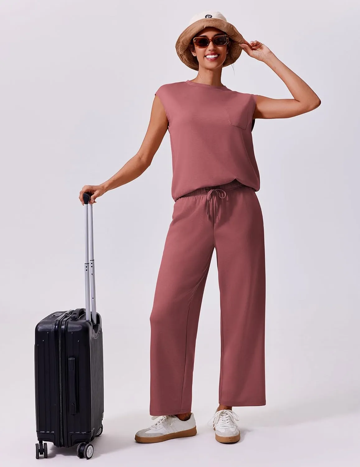 PINSPARK 2 Piece Sets for Women Summer Lounge Set Cap Sleeves Sweatsuit Cropped Wide Leg Pants 2025 Matching Travel Tracksuit