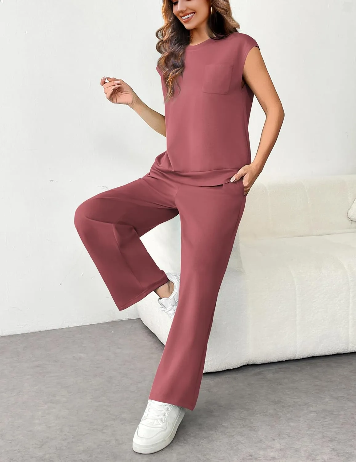 PINSPARK 2 Piece Sets for Women Summer Lounge Set Cap Sleeves Sweatsuit Cropped Wide Leg Pants 2025 Matching Travel Tracksuit