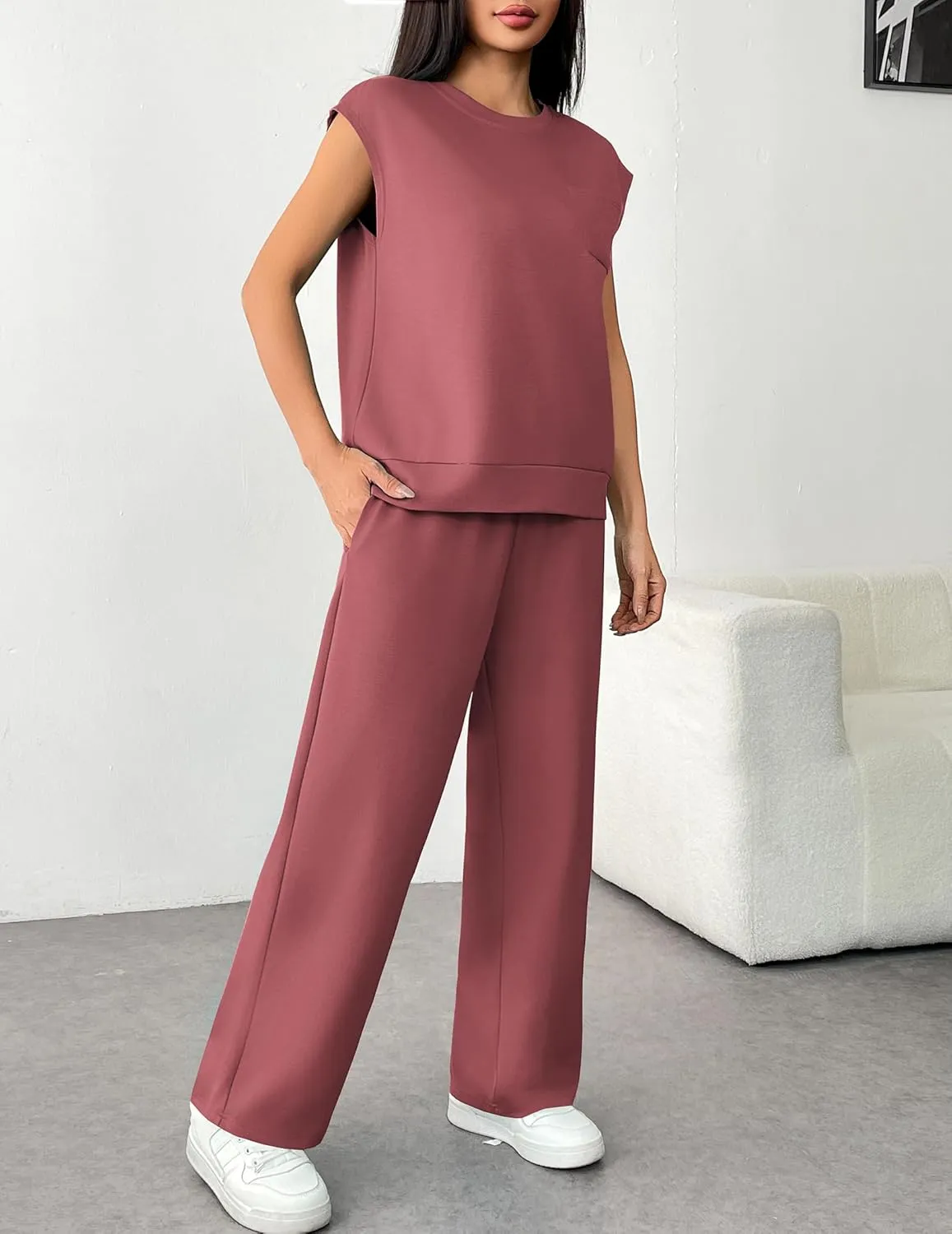 PINSPARK 2 Piece Sets for Women Summer Lounge Set Cap Sleeves Sweatsuit Cropped Wide Leg Pants 2025 Matching Travel Tracksuit