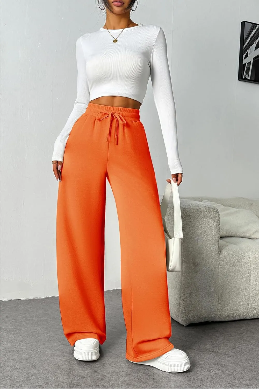 PINSPARK Womens Fleece Wide Leg Sweatpants High Waisted Athletic Sweat Pants Winter Baggy Workout Pant with Pocket