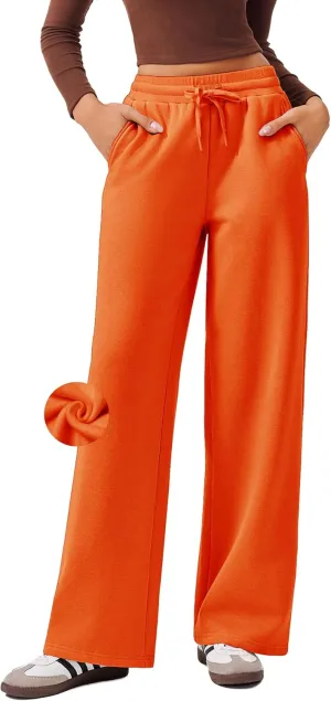 PINSPARK Womens Fleece Wide Leg Sweatpants High Waisted Athletic Sweat Pants Winter Baggy Workout Pant with Pocket