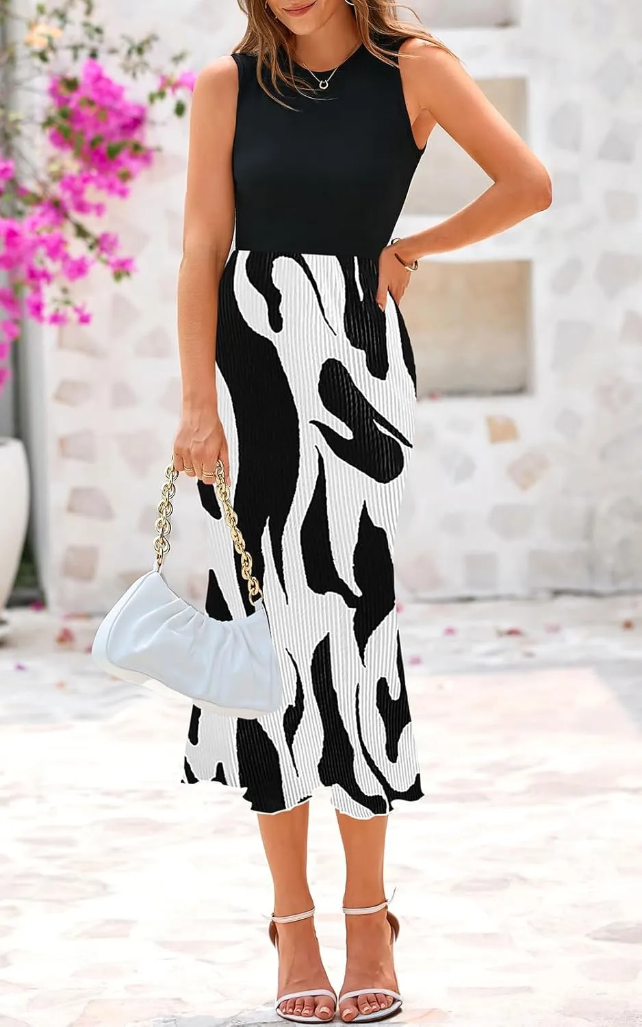 PRETTYGARDEN Womens Spring 2025 Graphic Print A Line Pleated Work Midi Dresses for Women Casual Plisse Long Dress