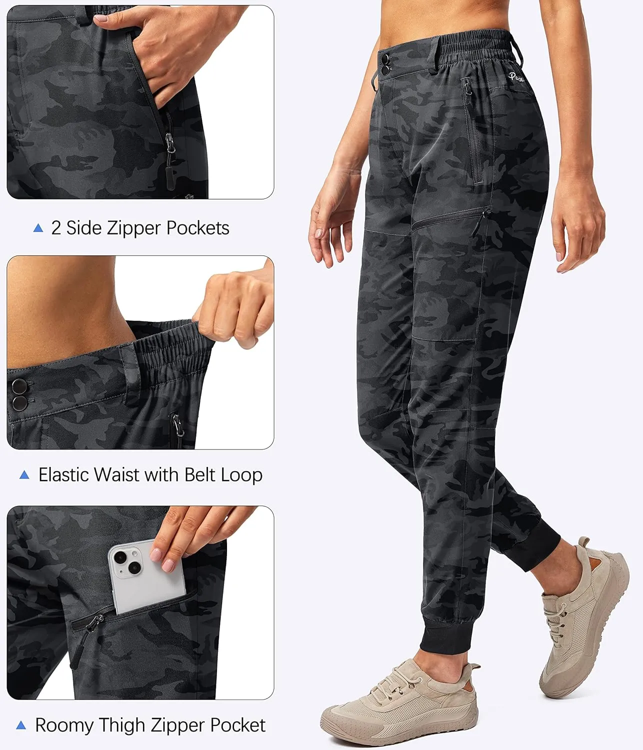 Pudolla Women's Golf Joggers Lightweight Hiking Cargo Pants Waterproof for Travel Camping Walk with Zipper Pockets