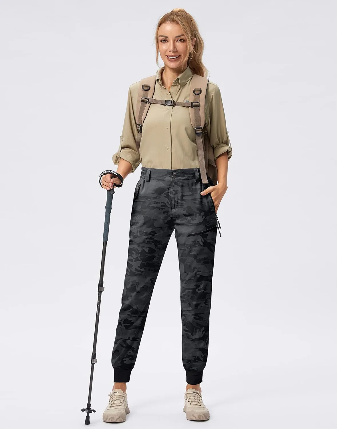 Pudolla Women's Golf Joggers Lightweight Hiking Cargo Pants Waterproof for Travel Camping Walk with Zipper Pockets