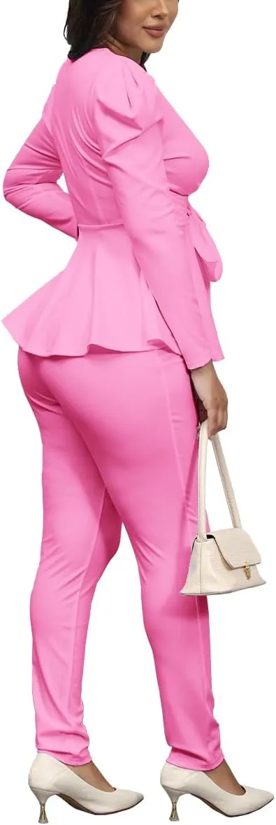 Remelon 2 Piece Outfits for Women Blazer with Pants Deep V Long Sleeve Slim Fit Ruffle Pelplum Business Suit