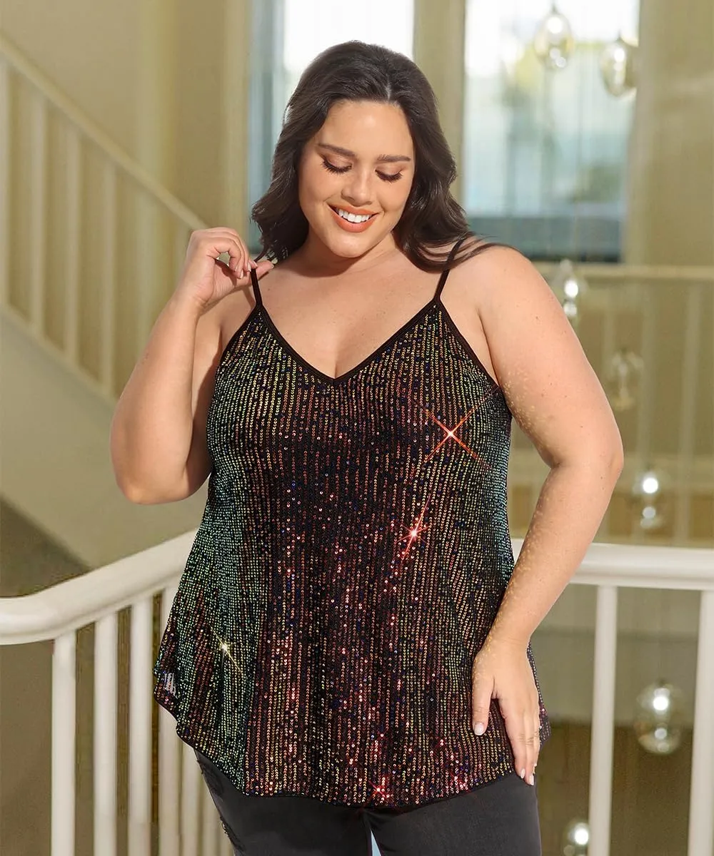 RITERA Plus Size Sequin Tank for Women V Neck Shimmer Sleeveless Tops Glitter Party Spaghetti Sparkle Camisole XL-5XL