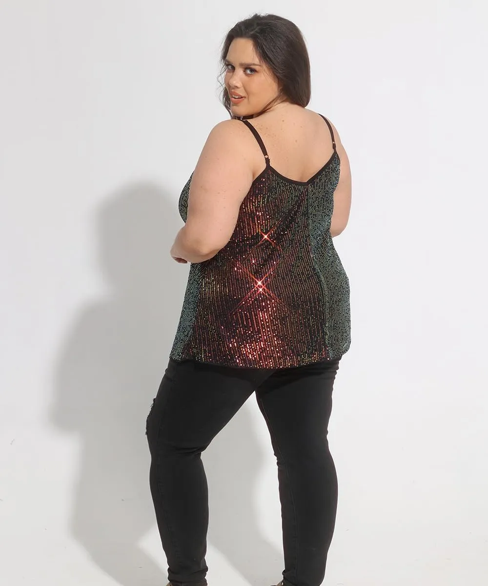 RITERA Plus Size Sequin Tank for Women V Neck Shimmer Sleeveless Tops Glitter Party Spaghetti Sparkle Camisole XL-5XL