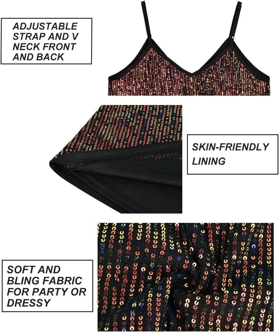 RITERA Plus Size Sequin Tank for Women V Neck Shimmer Sleeveless Tops Glitter Party Spaghetti Sparkle Camisole XL-5XL