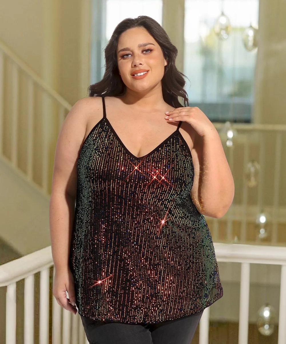 RITERA Plus Size Sequin Tank for Women V Neck Shimmer Sleeveless Tops Glitter Party Spaghetti Sparkle Camisole XL-5XL