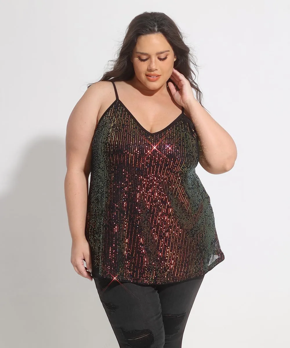 RITERA Plus Size Sequin Tank for Women V Neck Shimmer Sleeveless Tops Glitter Party Spaghetti Sparkle Camisole XL-5XL