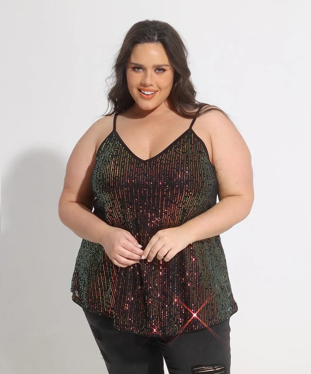 RITERA Plus Size Sequin Tank for Women V Neck Shimmer Sleeveless Tops Glitter Party Spaghetti Sparkle Camisole XL-5XL