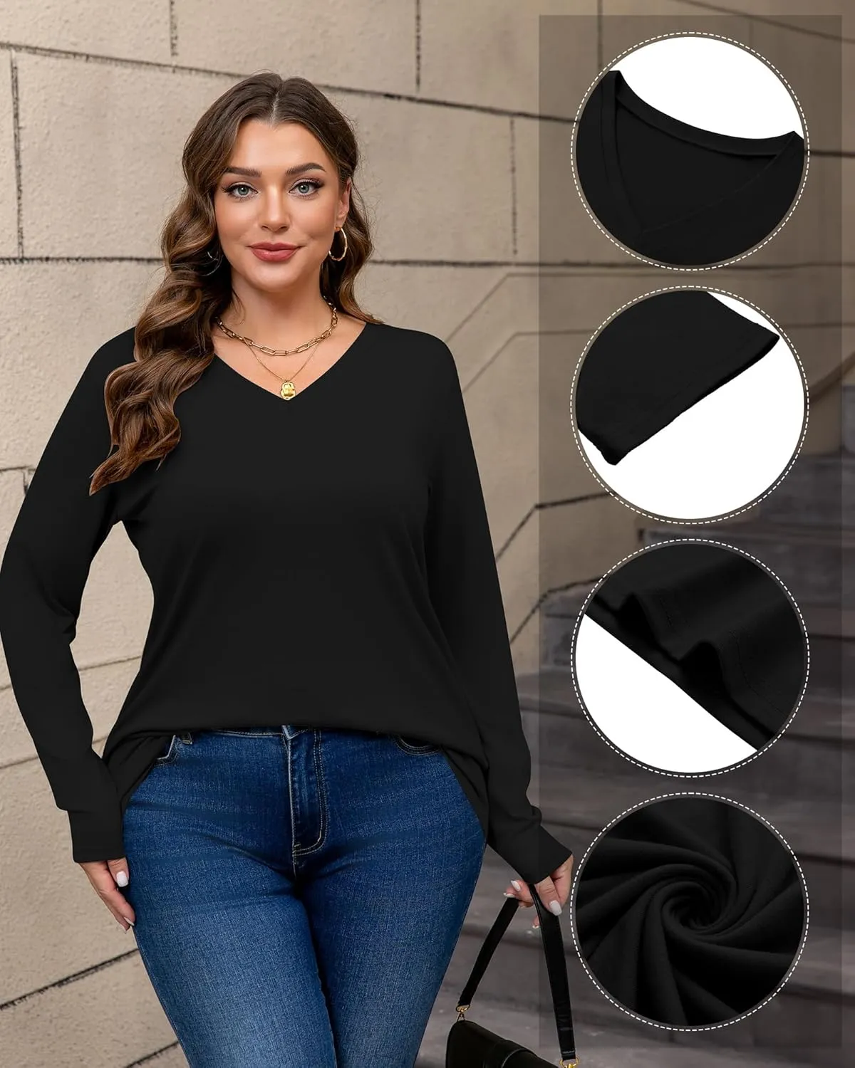 Riyiper 3 Pack Women's Plus Size T Shirt V Neck Long Sleeve Tops Loose Fit Casual Basic Elegant Tunic