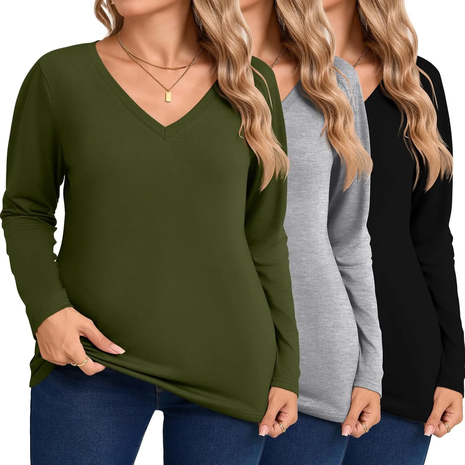Riyiper 3 Pack Women's Plus Size T Shirt V Neck Long Sleeve Tops Loose Fit Casual Basic Elegant Tunic