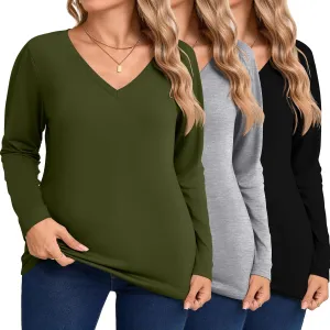 Riyiper 3 Pack Women's Plus Size T Shirt V Neck Long Sleeve Tops Loose Fit Casual Basic Elegant Tunic