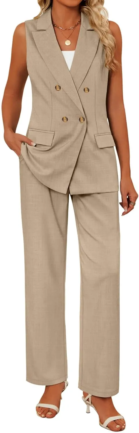Riyiper Women Suits 2 Piece Sets Button Lapel V Neck Sleeveless Blazer Vest and Wide Leg Pants Suit Matching Outfits