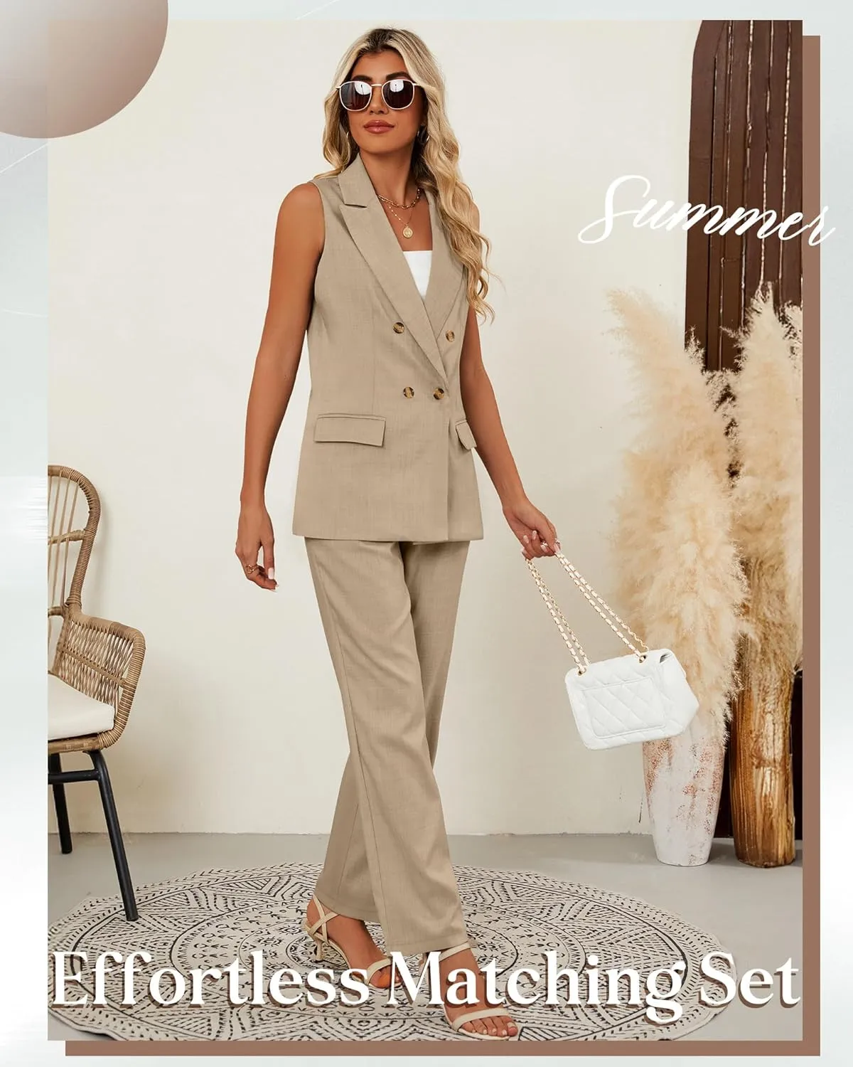 Riyiper Women Suits 2 Piece Sets Button Lapel V Neck Sleeveless Blazer Vest and Wide Leg Pants Suit Matching Outfits