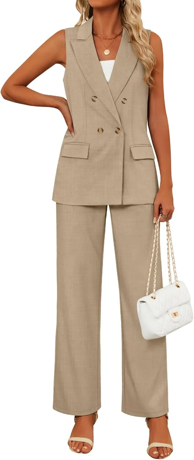 Riyiper Women Suits 2 Piece Sets Button Lapel V Neck Sleeveless Blazer Vest and Wide Leg Pants Suit Matching Outfits