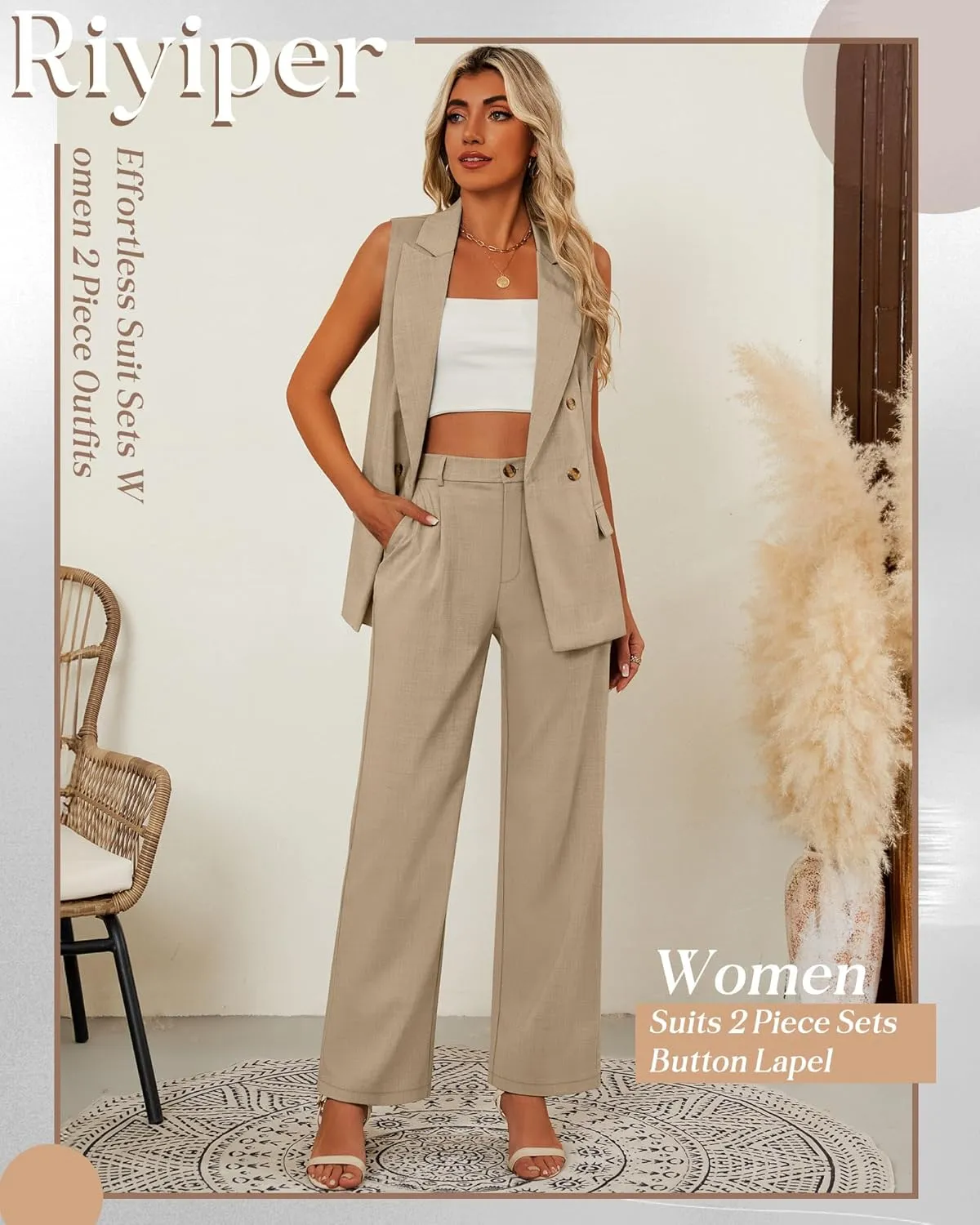 Riyiper Women Suits 2 Piece Sets Button Lapel V Neck Sleeveless Blazer Vest and Wide Leg Pants Suit Matching Outfits