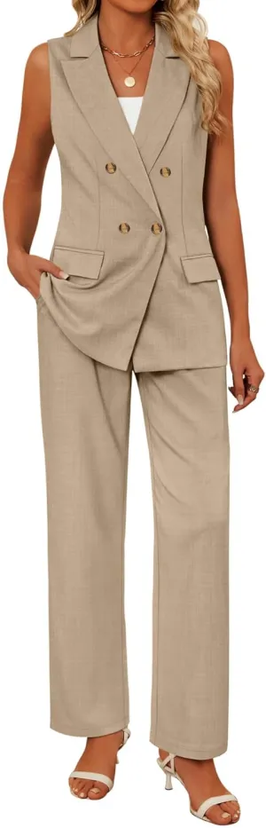 Riyiper Women Suits 2 Piece Sets Button Lapel V Neck Sleeveless Blazer Vest and Wide Leg Pants Suit Matching Outfits