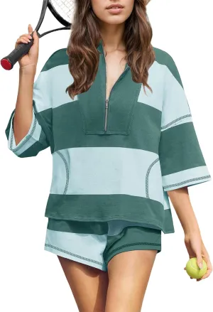 SAFRISIOR Womens Summer 2 Piece Lounge Sets Oversized Striped Matching Workout Set Half Zip Tracksuit Top with Pockets