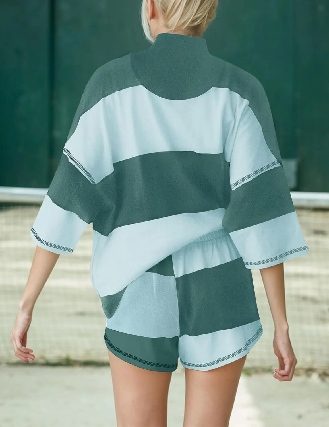 SAFRISIOR Womens Summer 2 Piece Lounge Sets Oversized Striped Matching Workout Set Half Zip Tracksuit Top with Pockets