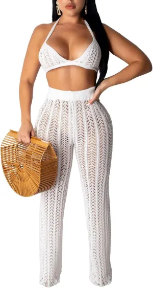 Salimdy Women Crochet Cover Up Hollow Out Knitted See Through 2 Piece Outfits Halter Bandeau Top Long Pant Swimsuit