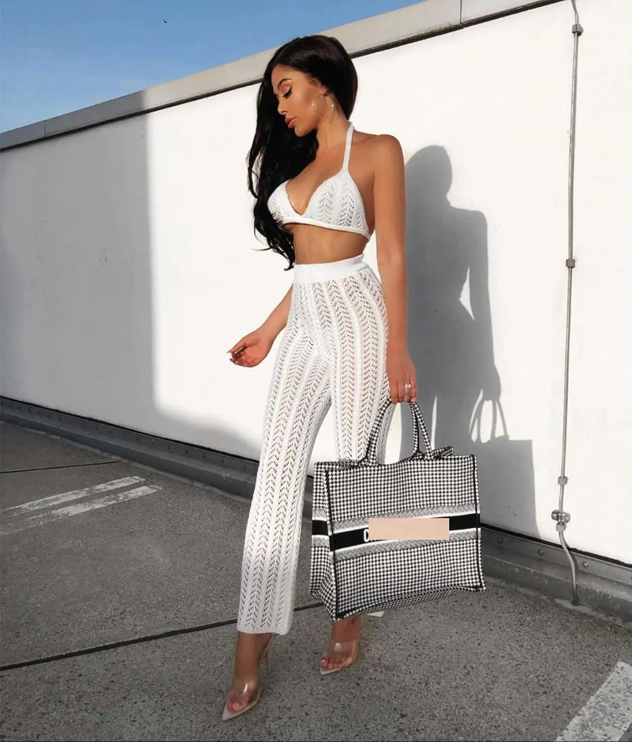 Salimdy Women Crochet Cover Up Hollow Out Knitted See Through 2 Piece Outfits Halter Bandeau Top Long Pant Swimsuit