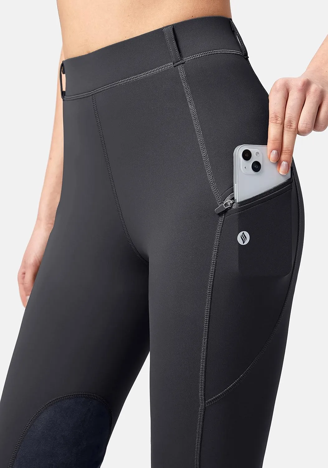 SANTINY Women's Horse Riding Pants with Zipper Pockets Knee-Patch Schooling Tights Equestrian Breeches for Women