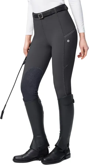 SANTINY Women's Horse Riding Pants with Zipper Pockets Knee-Patch Schooling Tights Equestrian Breeches for Women