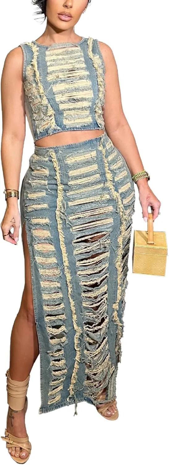 SEMATOMALA Women's Jeans Skirt Two Piece Outfits Ripped Distressed Hollow Out Crop Tank Tops and Split Maxi Skirts Set