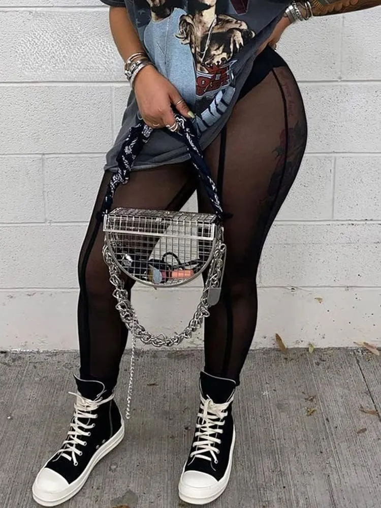 Sexy See-through Black High Waist Long Trousers Casual Sweatpants Women Elastic Pencil Pants Mesh Leggings