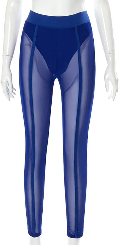 Sexy See-through Black High Waist Long Trousers Casual Sweatpants Women Elastic Pencil Pants Mesh Leggings