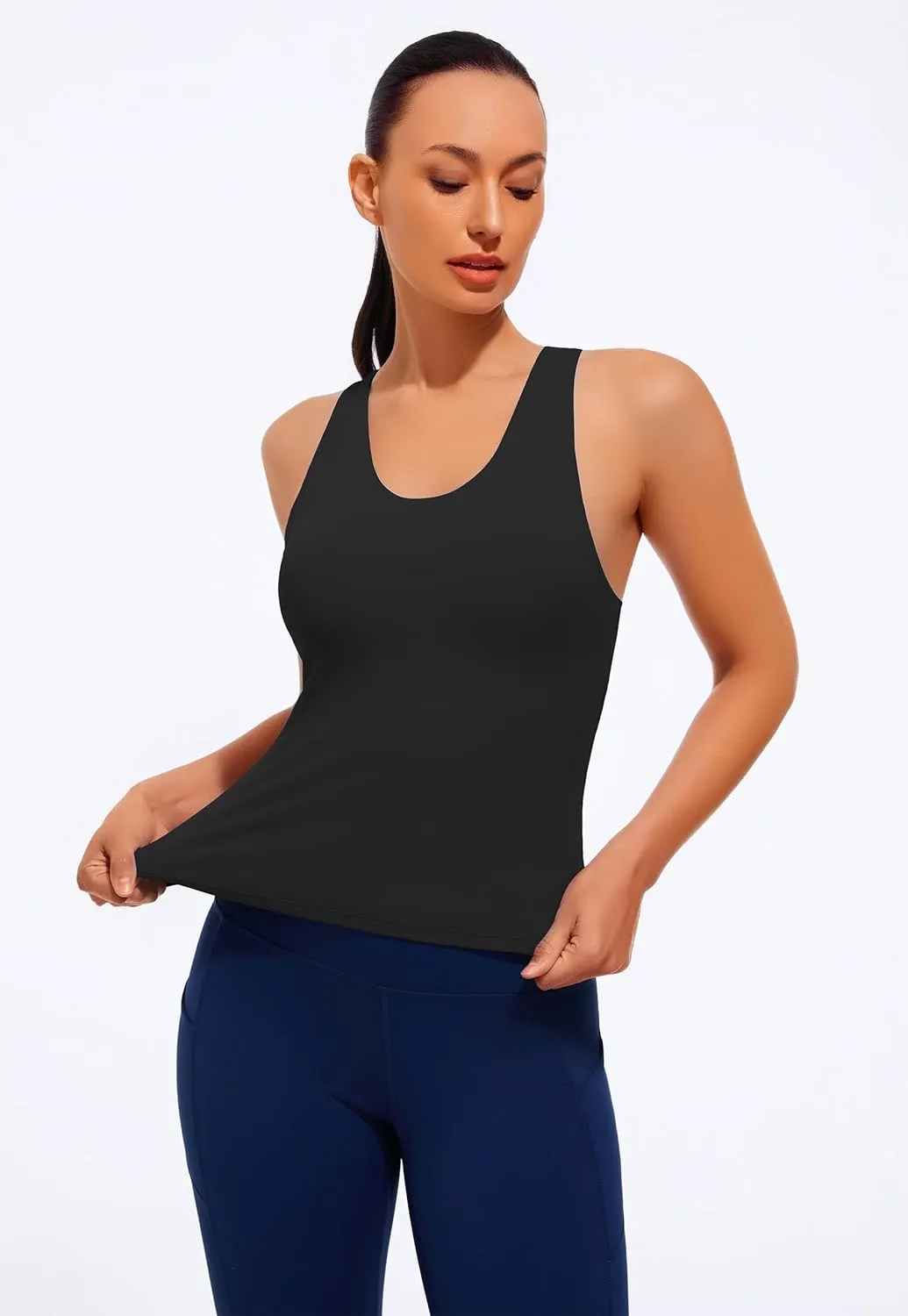 Smooth Workout Tank Top with Built-in Bra Cross Back Athletic Yoga Tops Stretchy Sports Camisole for Gym Pilates