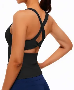 Smooth Workout Tank Top with Built-in Bra Cross Back Athletic Yoga Tops Stretchy Sports Camisole for Gym Pilates