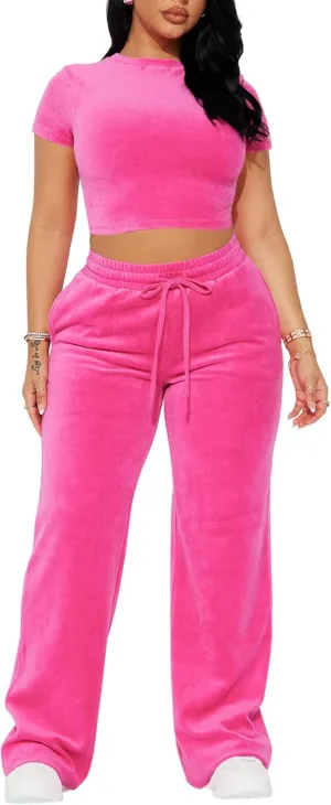 SMSN Women 2 Piece Outfits Velvet Sweatsuit Set Casual Short Sleeve Pullover Tops and Wide Leg Sweatpant Tracksuit Sets