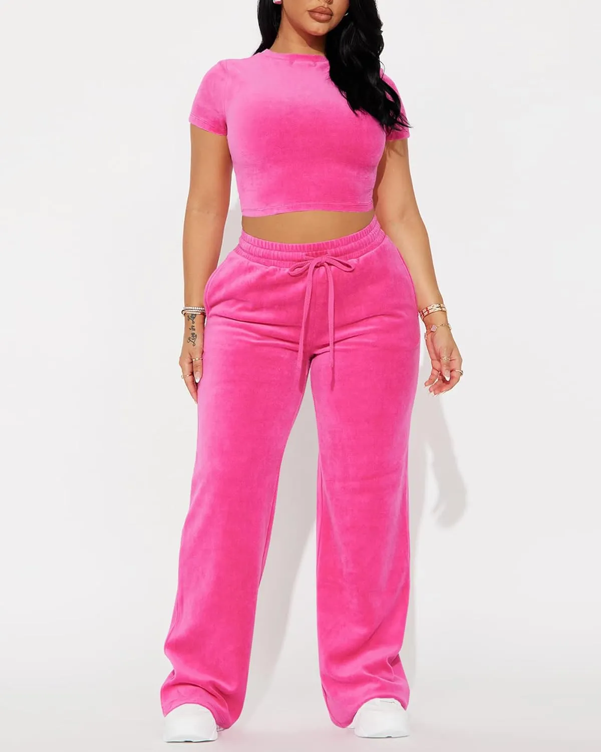 SMSN Women 2 Piece Outfits Velvet Sweatsuit Set Casual Short Sleeve Pullover Tops and Wide Leg Sweatpant Tracksuit Sets