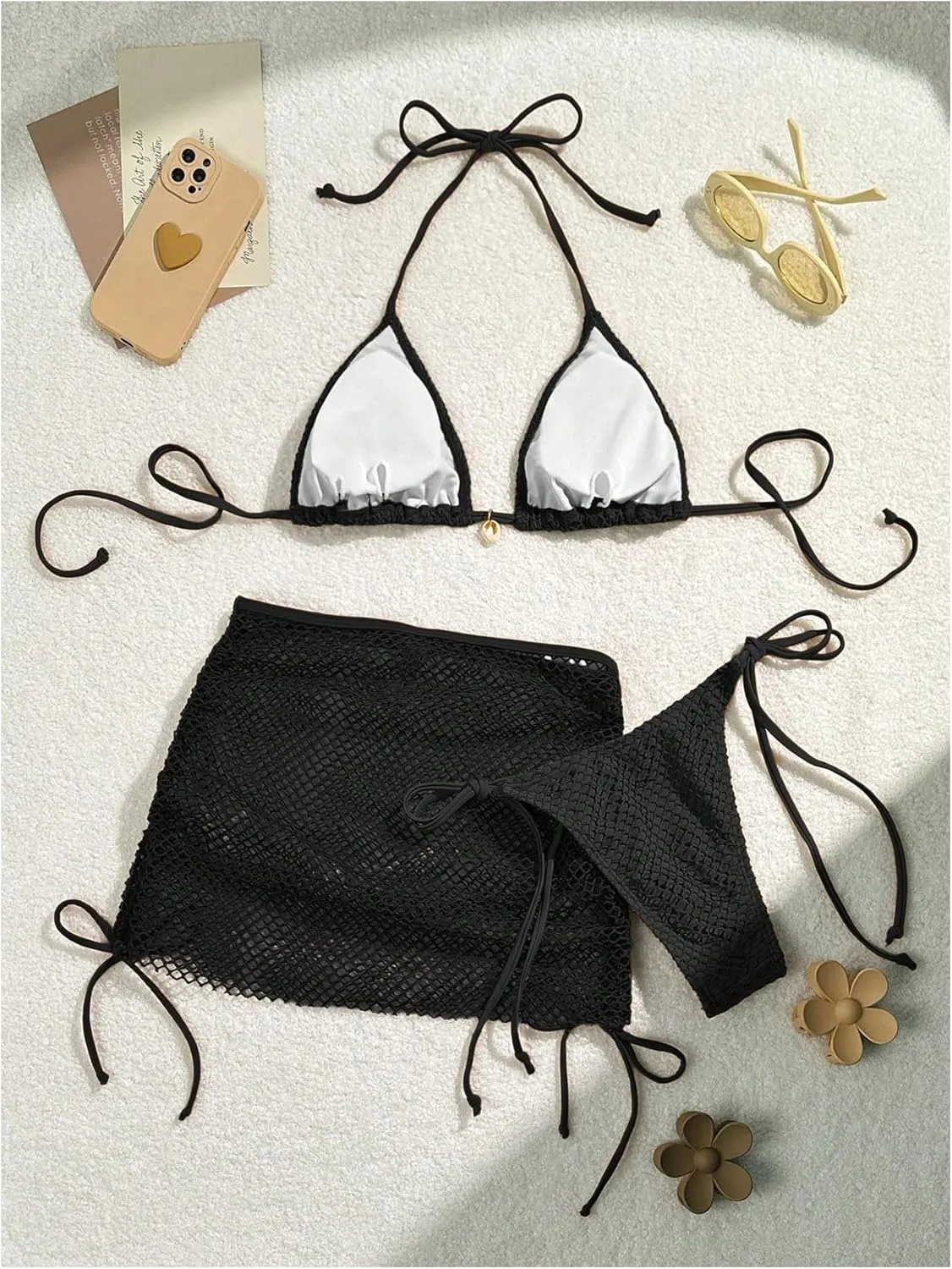 SOLY HUX Women's 3 Piece Swimsuit Fishnet Halter Triangle String Bikini Set Bathing Suit with Cover Up Beach Skirt