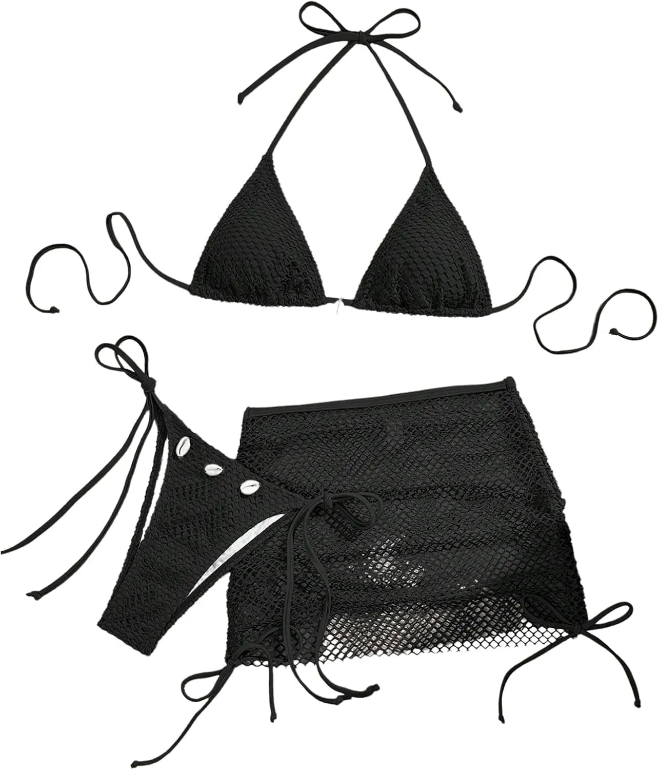 SOLY HUX Women's 3 Piece Swimsuit Fishnet Halter Triangle String Bikini Set Bathing Suit with Cover Up Beach Skirt