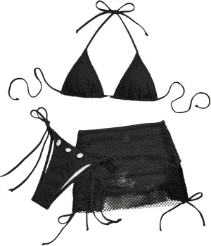 SOLY HUX Women's 3 Piece Swimsuit Fishnet Halter Triangle String Bikini Set Bathing Suit with Cover Up Beach Skirt
